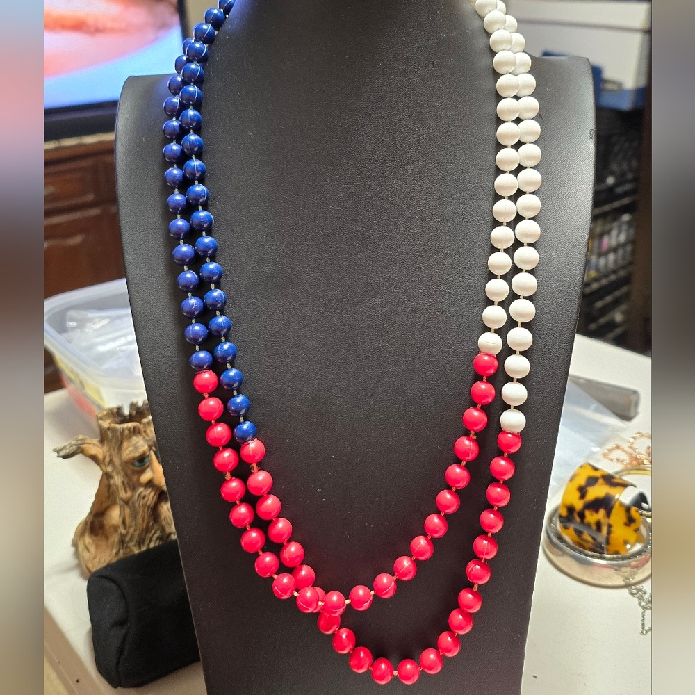 Vintage 38in Single Stand Red White and Blue Resin Beaded Necklace